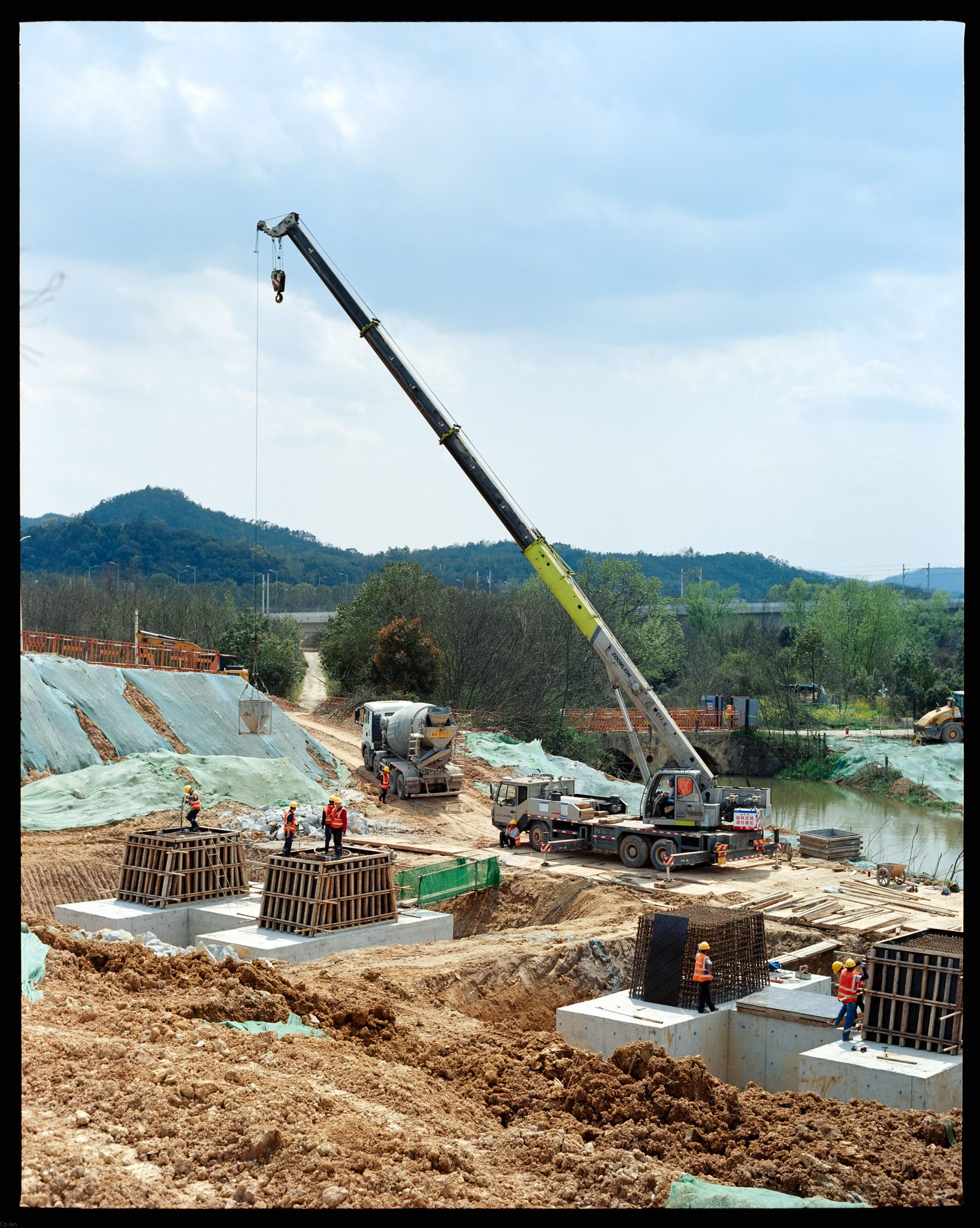 Active construction site with structural work